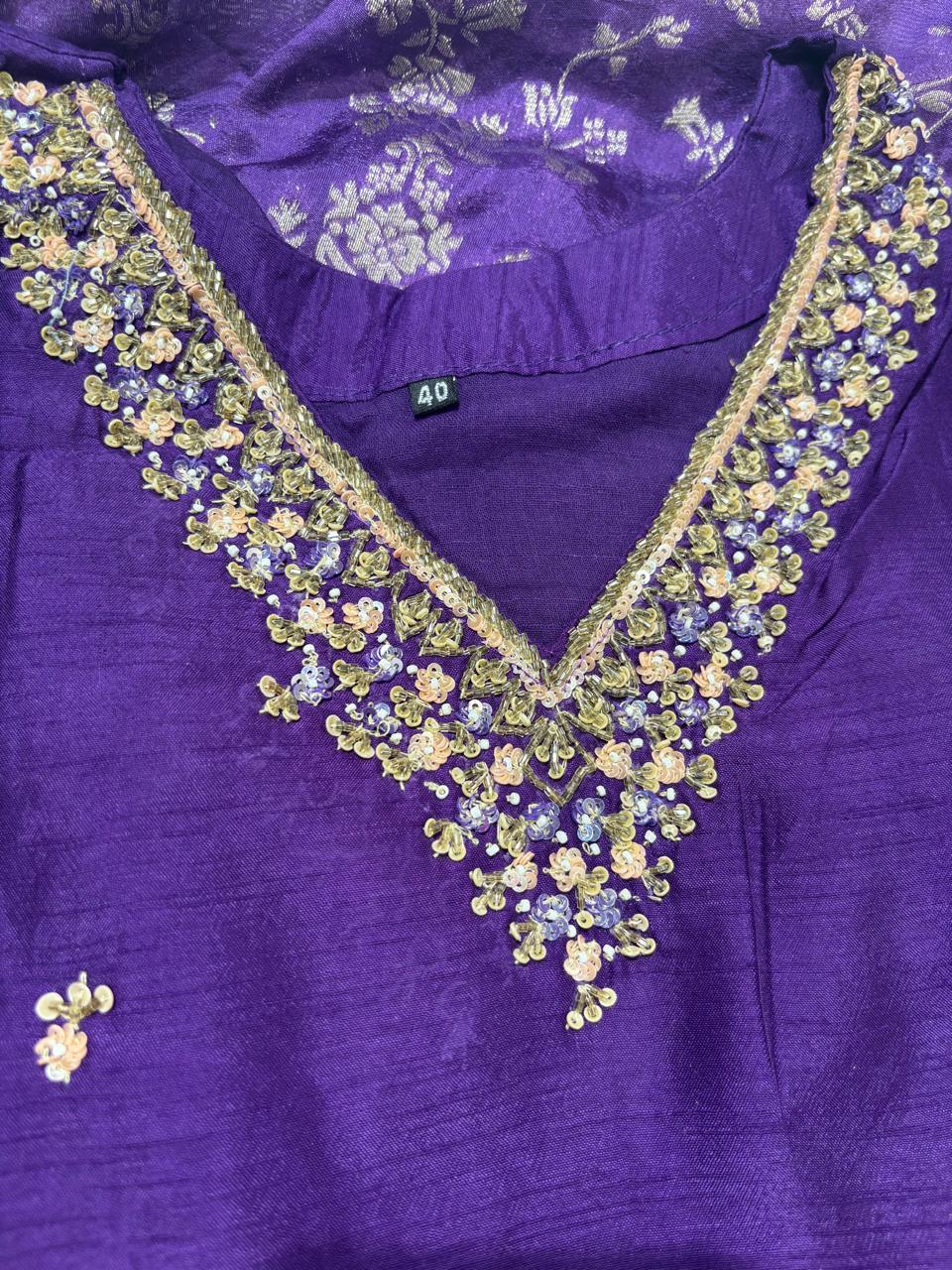 Purple pure raw silk Kurtha suits with hand embroidery