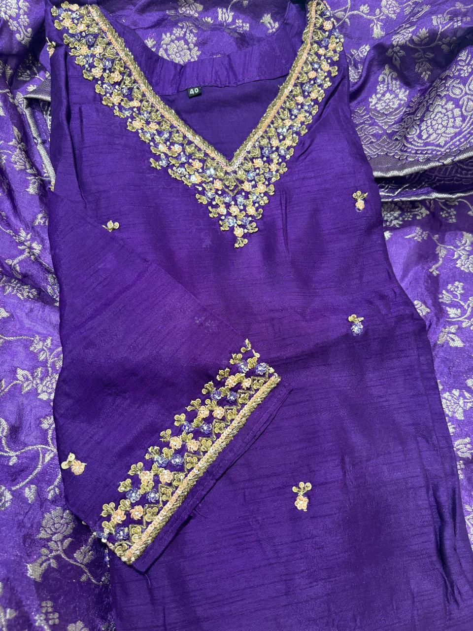 Purple pure raw silk Kurtha suits with hand embroidery