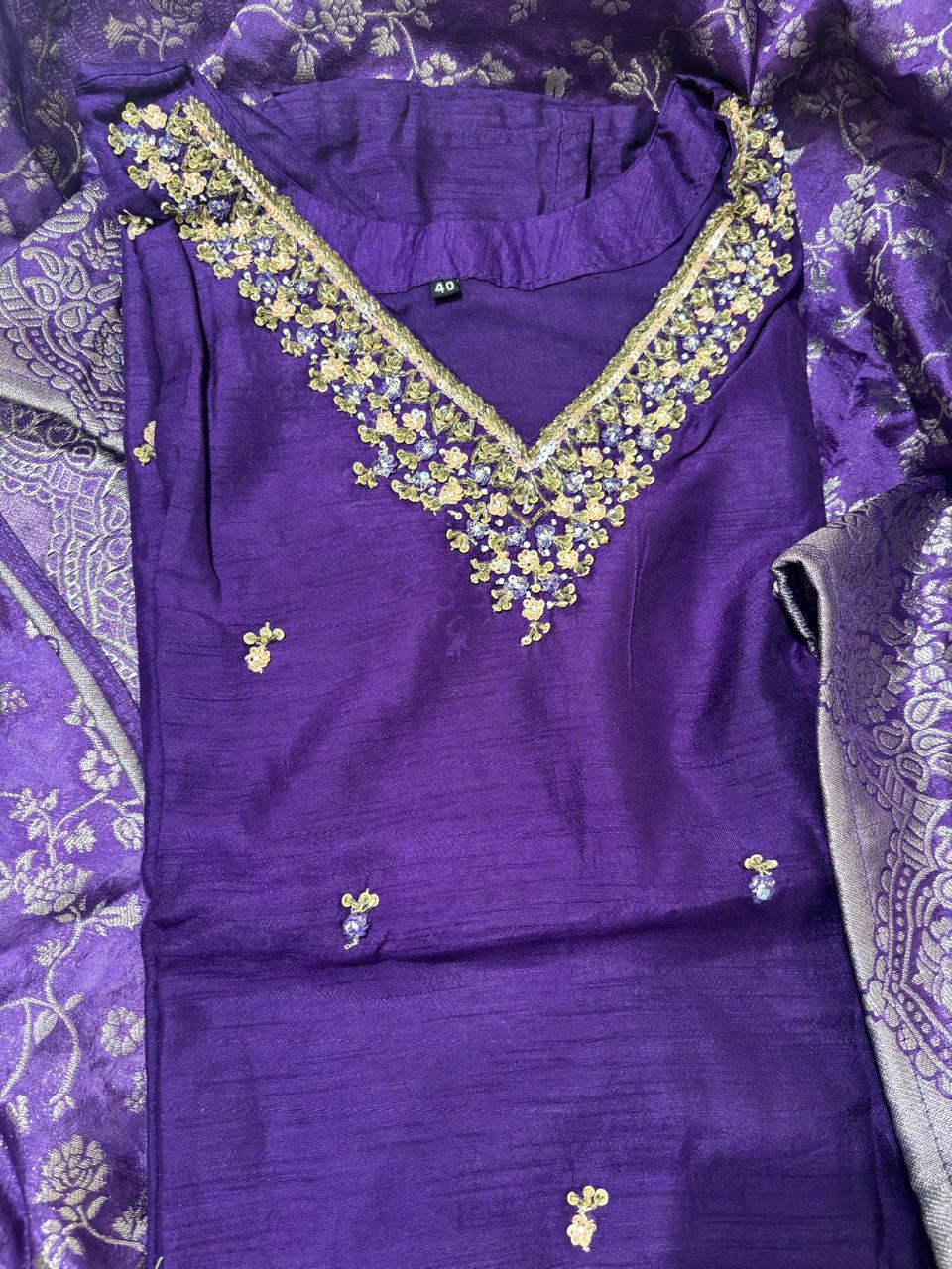 Purple pure raw silk Kurtha suits with hand embroidery