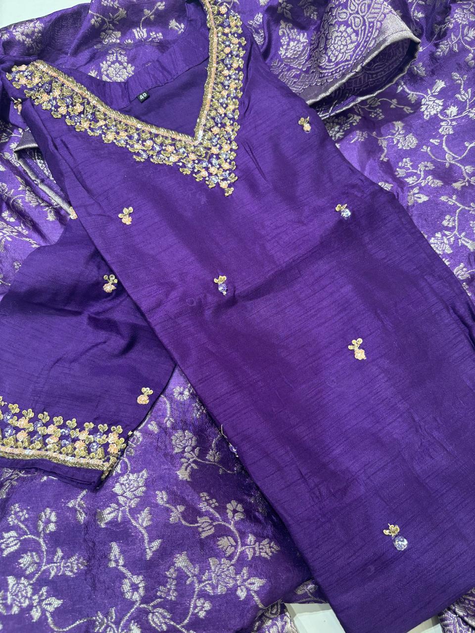 Purple pure raw silk Kurtha suits with hand embroidery