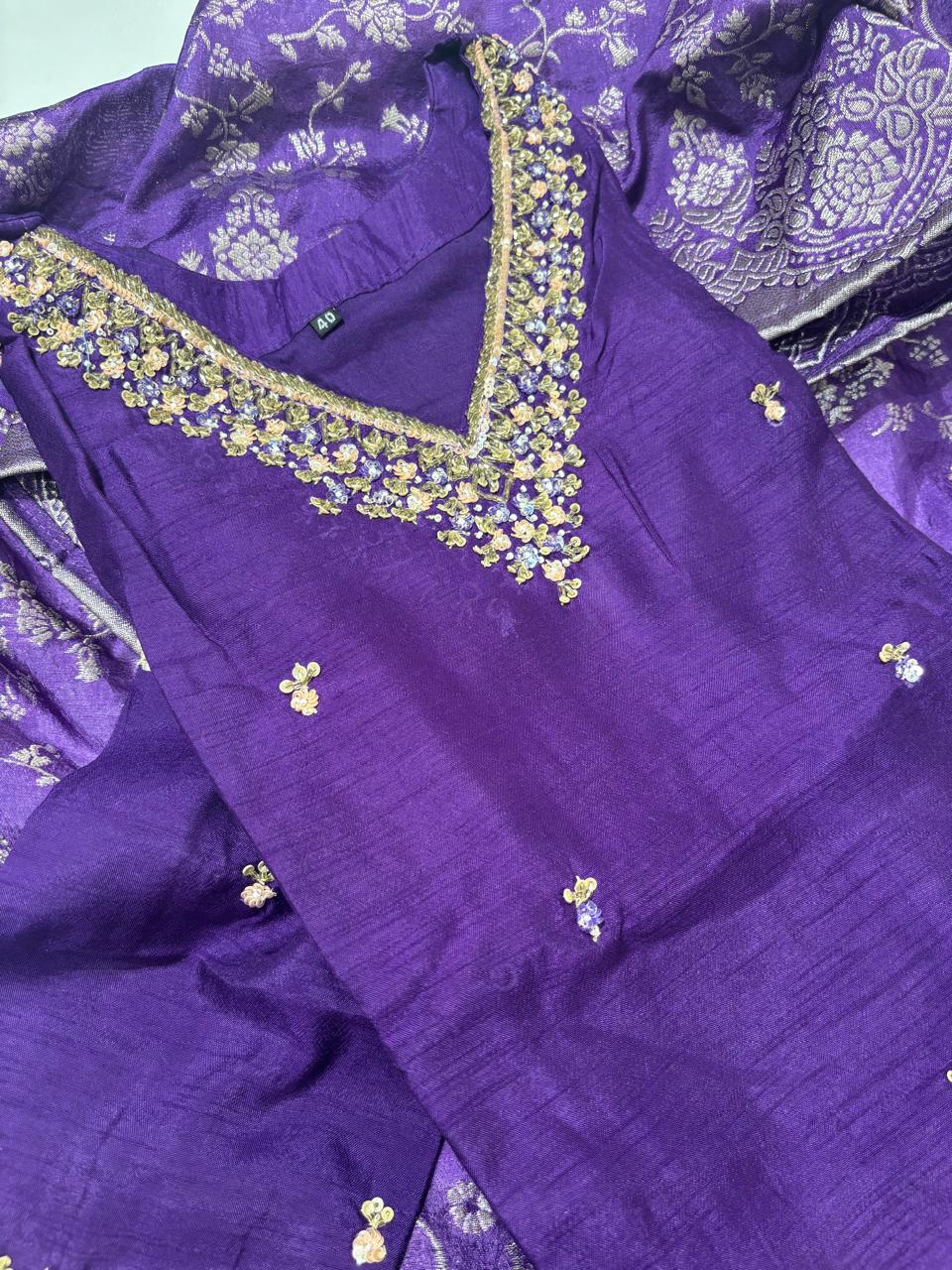 Purple pure raw silk Kurtha suits with hand embroidery