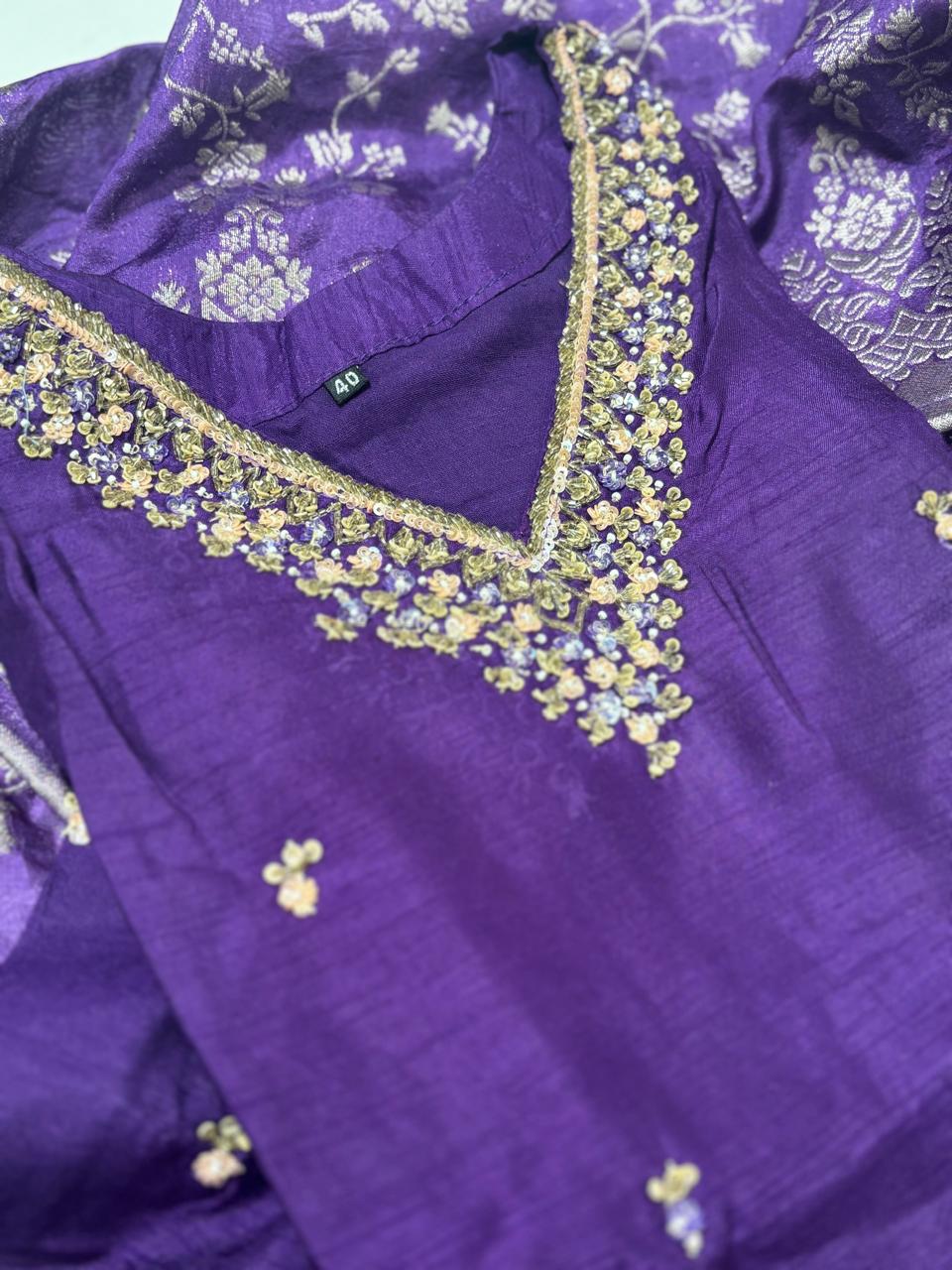 Purple pure raw silk Kurtha suits with hand embroidery