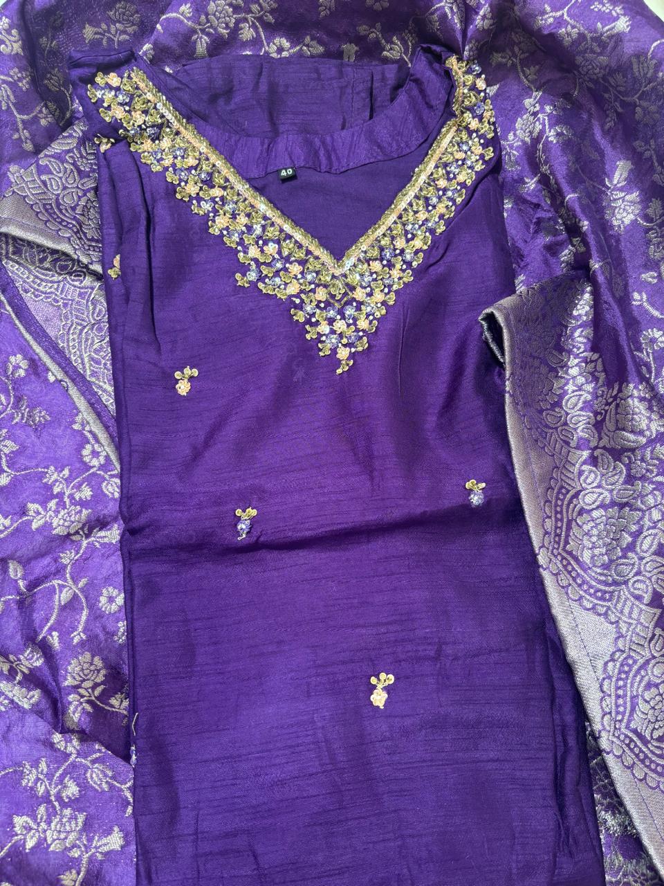 Purple pure raw silk Kurtha suits with hand embroidery