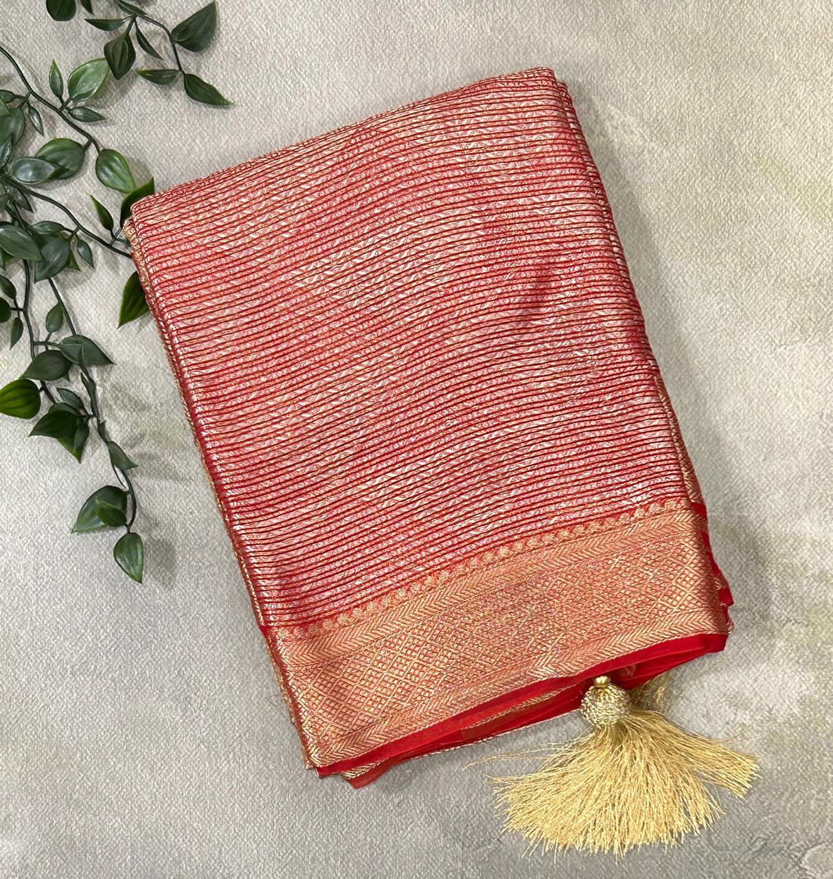 Red brocade stripes georgette saree