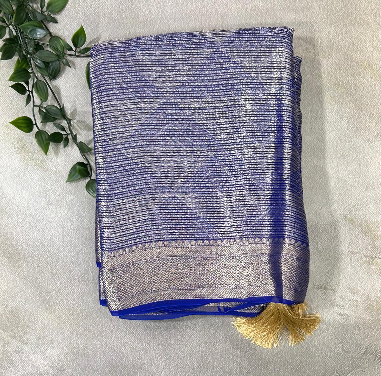 Blue brocade stripes georgette saree