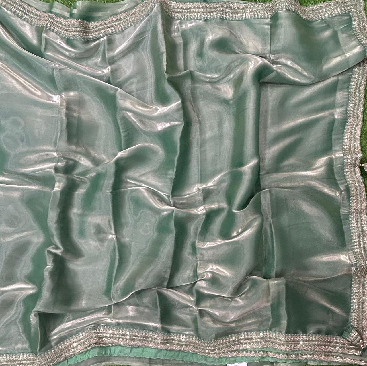Pastel green tissue designer party wear with work blouse saree