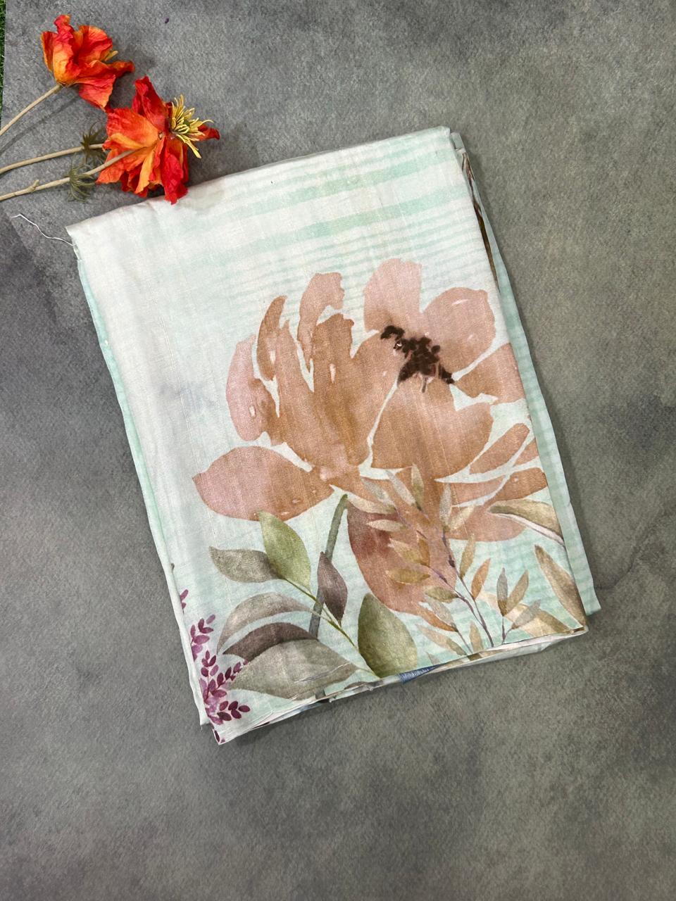 Pastel green mulberry silk digital print  saree