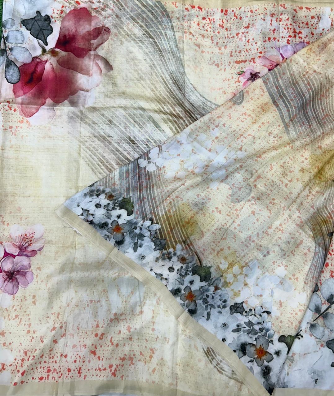 Cream-02 mulberry silk digital print  saree