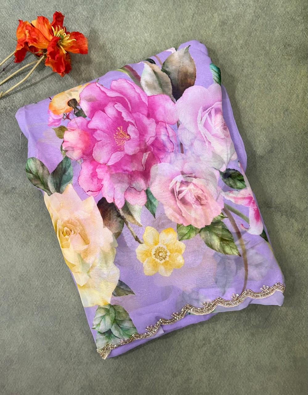 Lilac digital print georgette saree