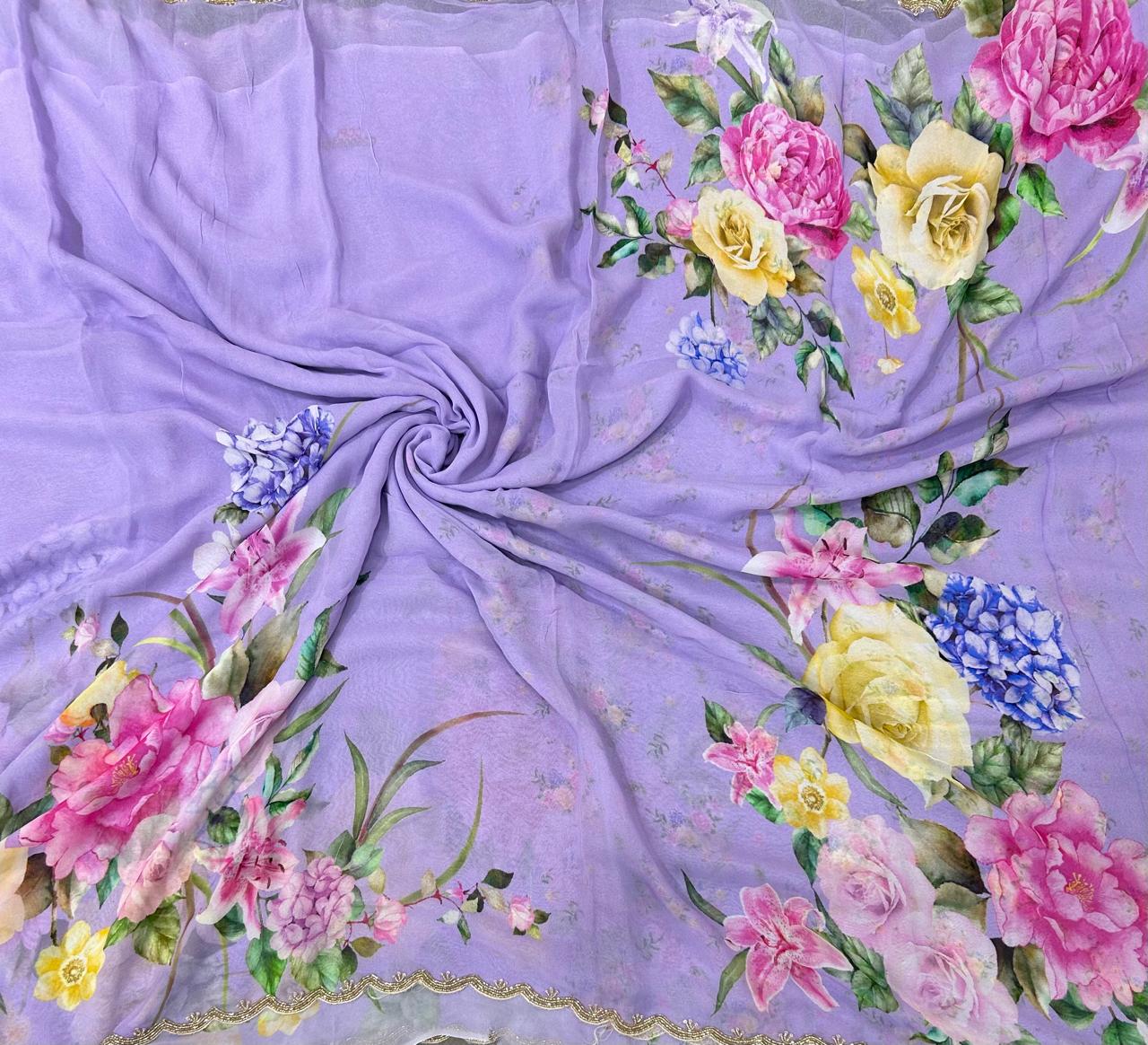 Lilac digital print georgette saree