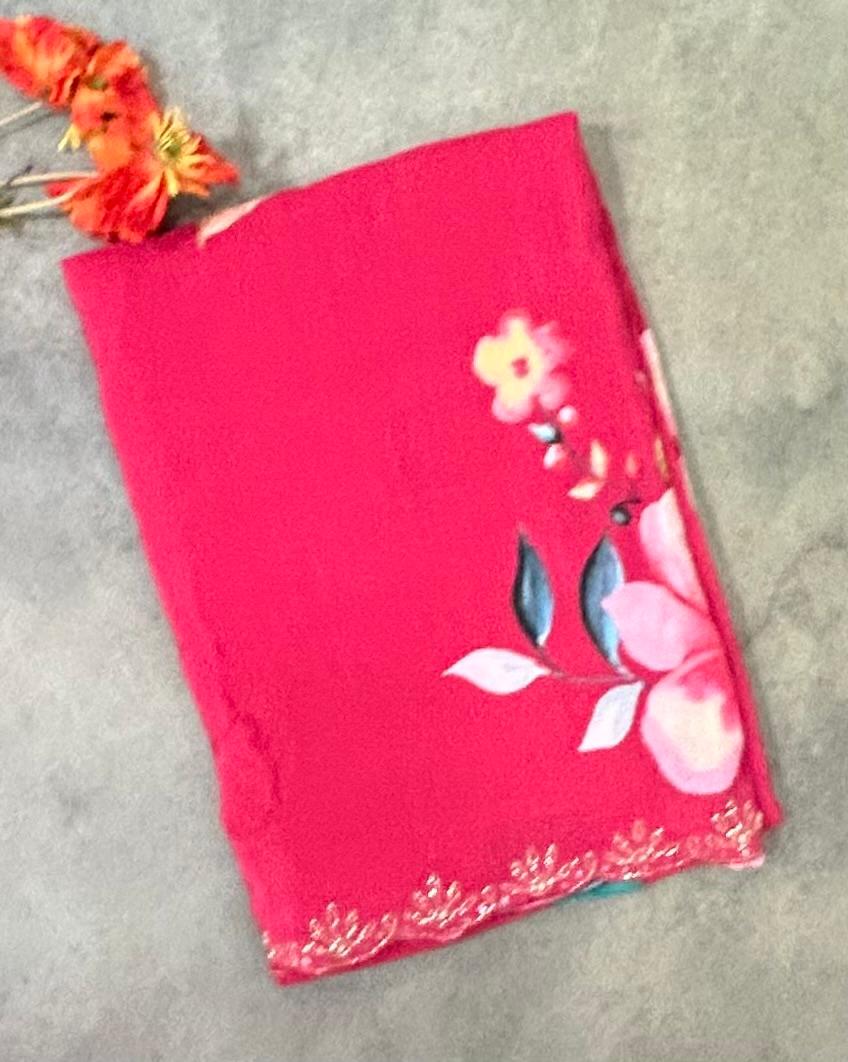 Red digital print crepe silk saree