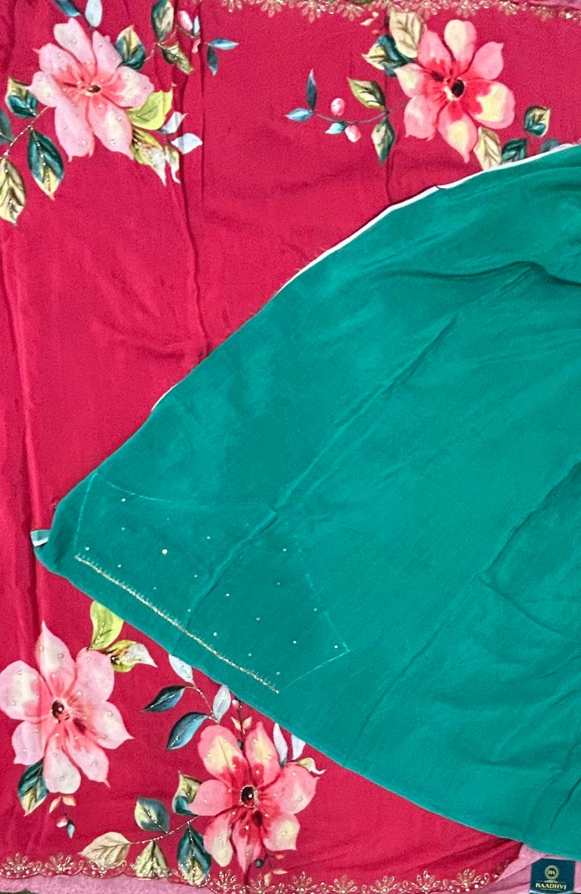 Red digital print crepe silk saree