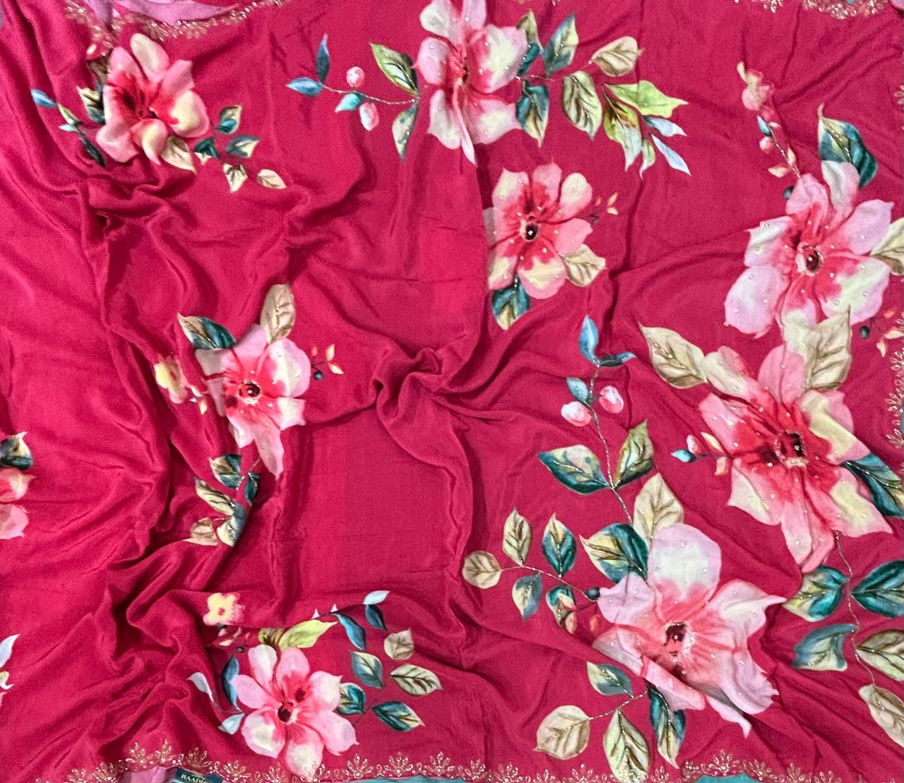 Red digital print crepe silk saree