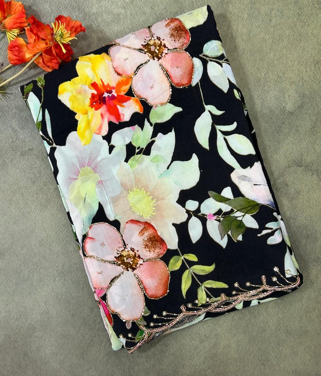 Black digital print crepe silk saree