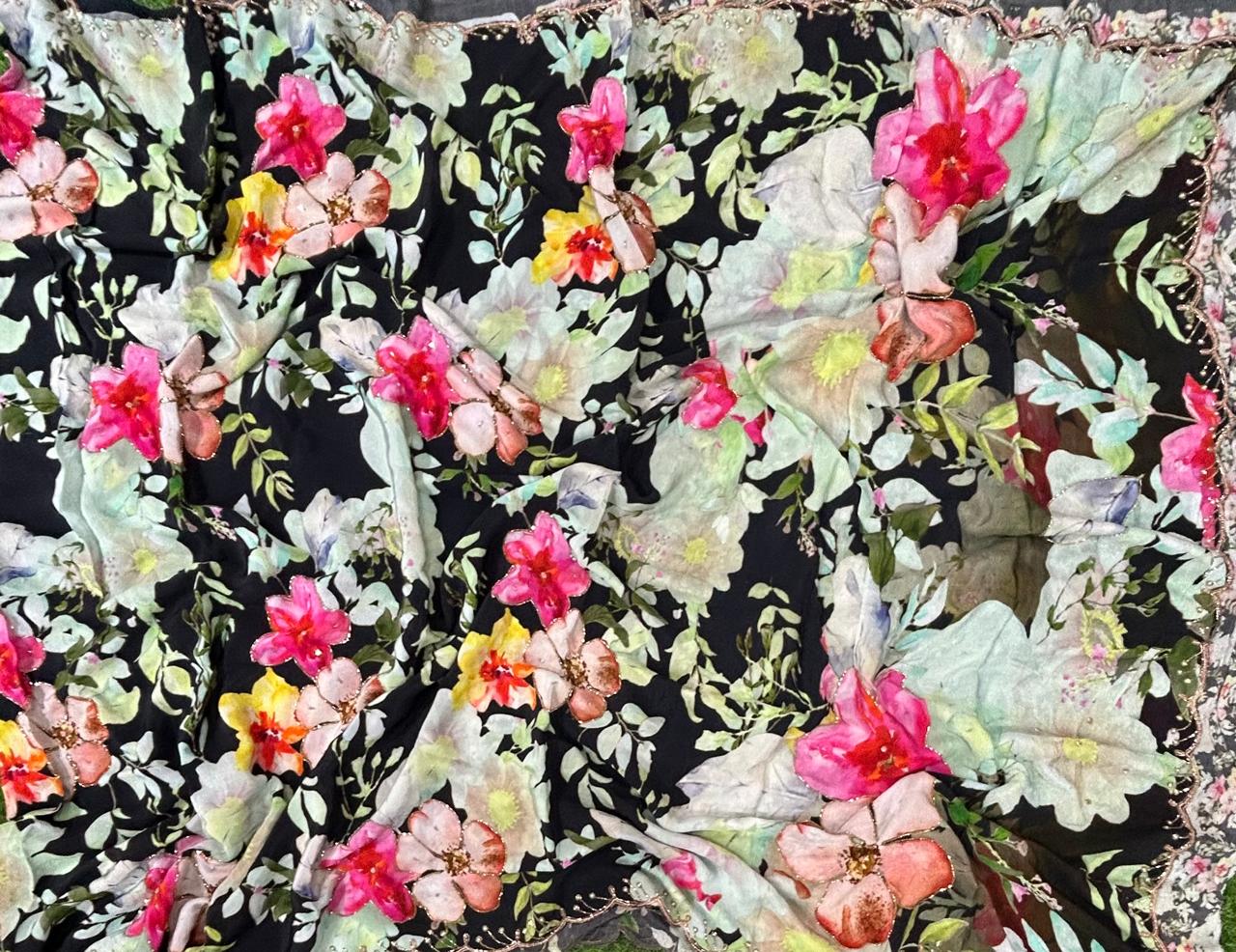 Black digital print crepe silk saree