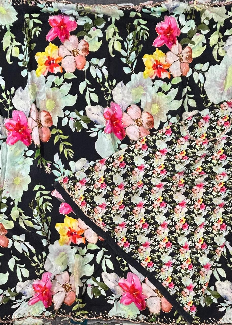 Black digital print crepe silk saree