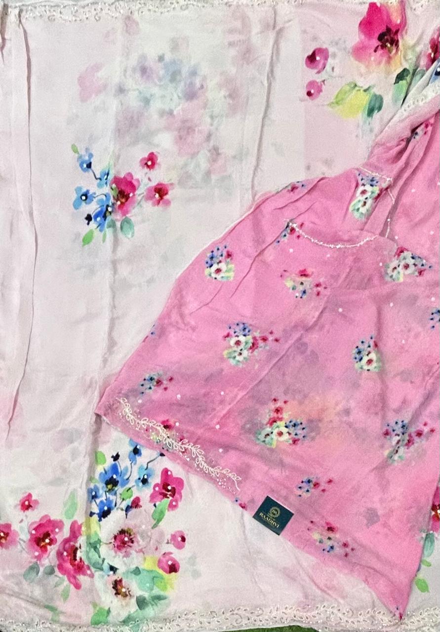 Baby pink digital print crepe silk saree