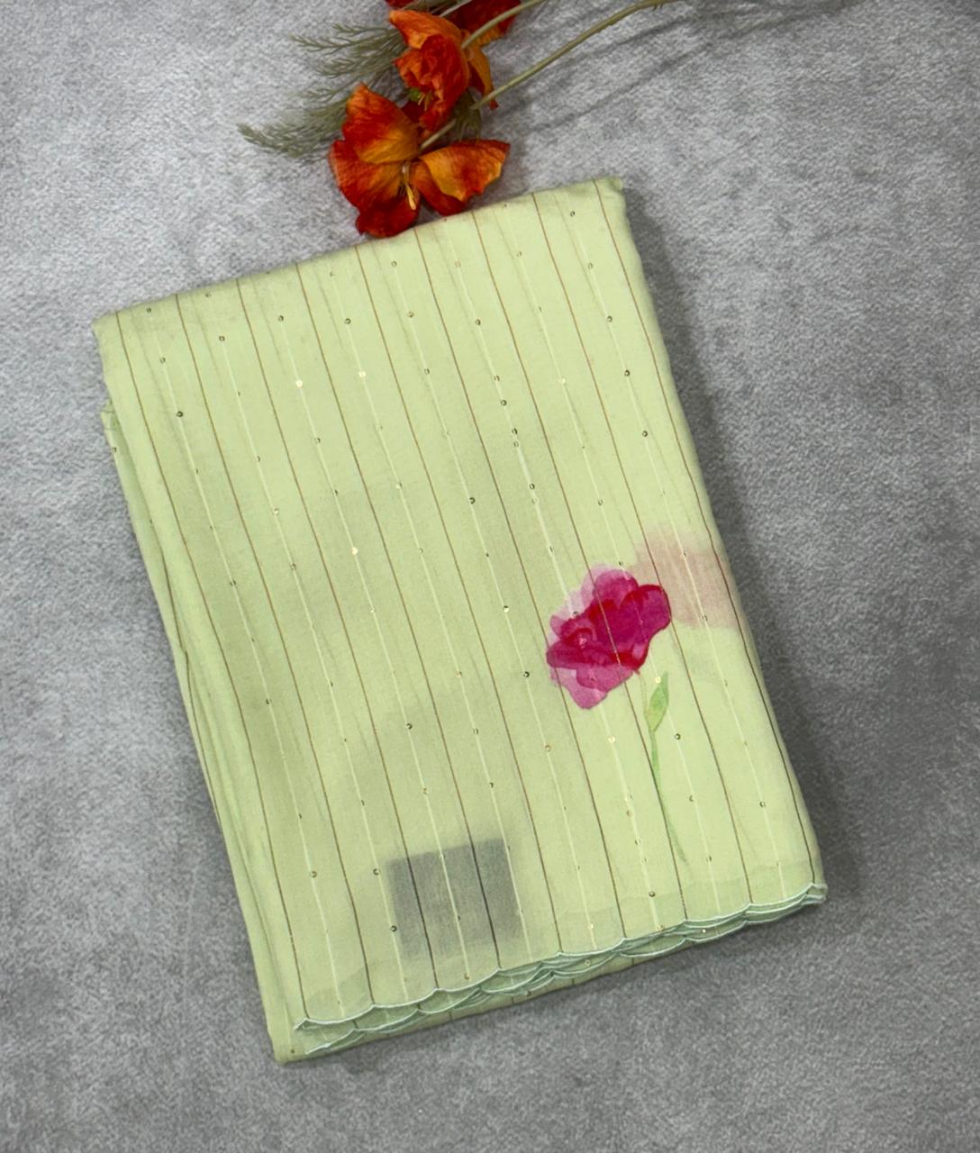 Cream digital print sequins tussar crepe silk saree