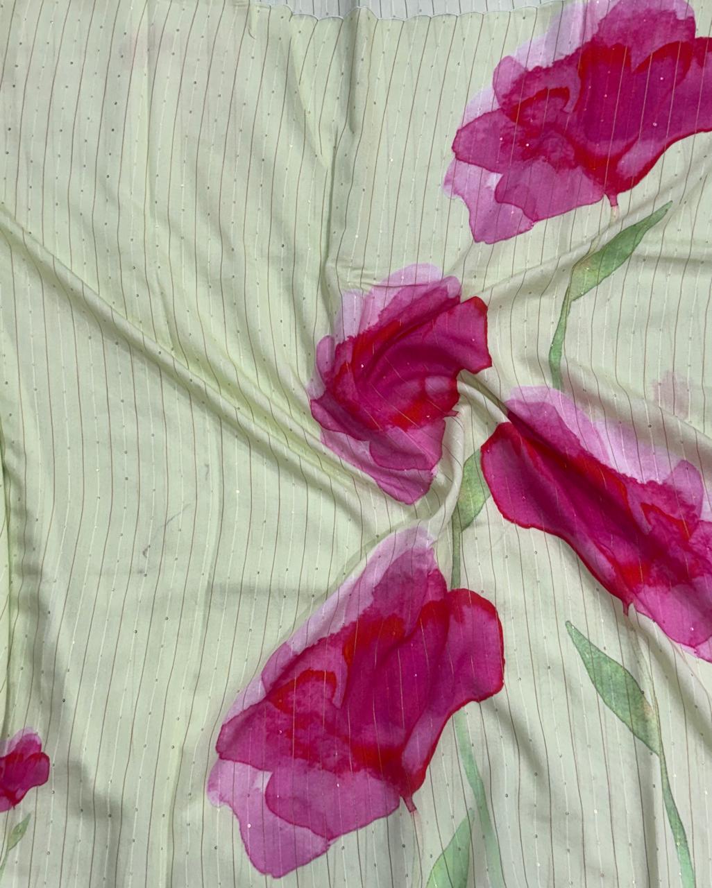 Cream digital print sequins tussar crepe silk saree