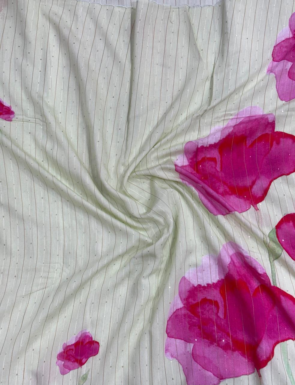 Cream digital print sequins tussar crepe silk saree