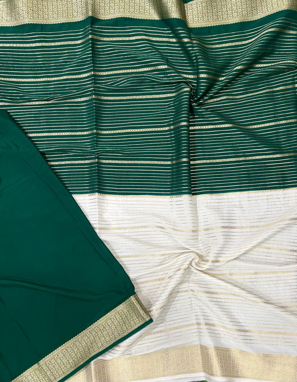 White and green half n half semi myosre crepe silk saree