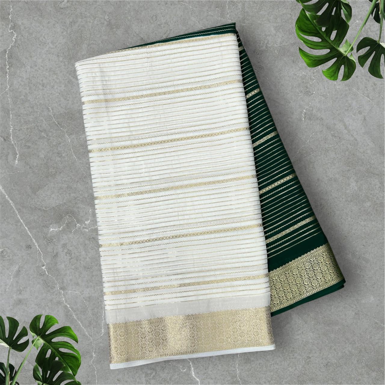 White and green half n half semi myosre crepe silk saree