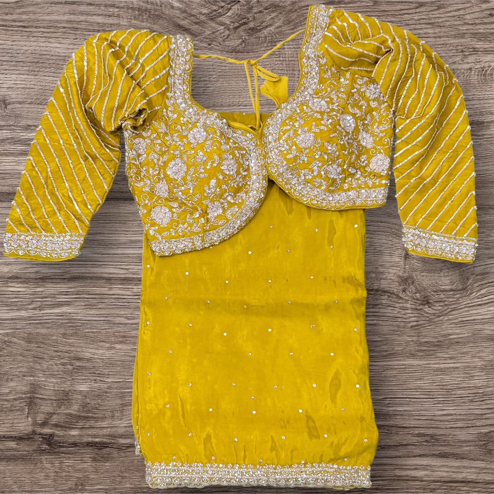 Mustard yellow hand work designer party wear satin silk saree