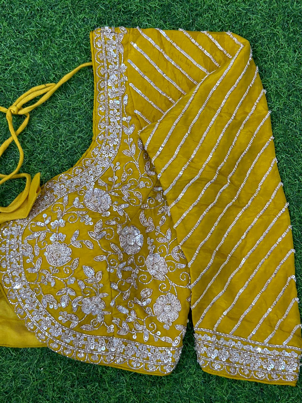 Mustard yellow hand work designer party wear satin silk saree