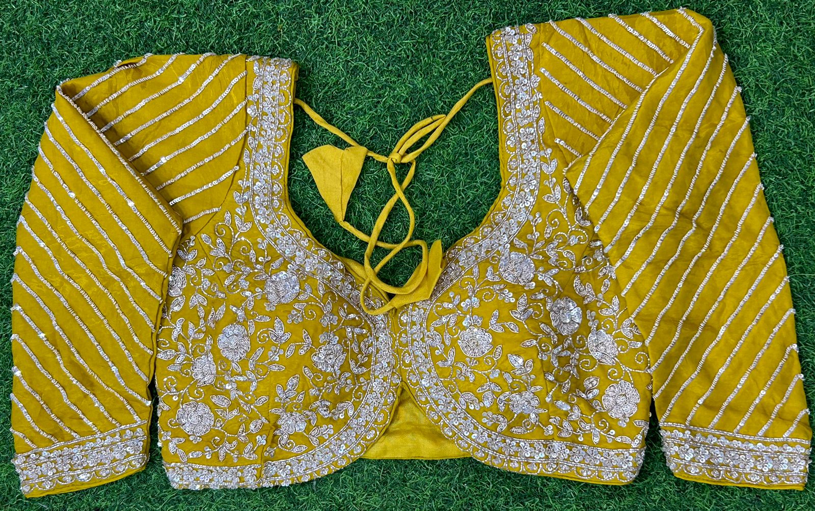 Mustard yellow hand work designer party wear satin silk saree