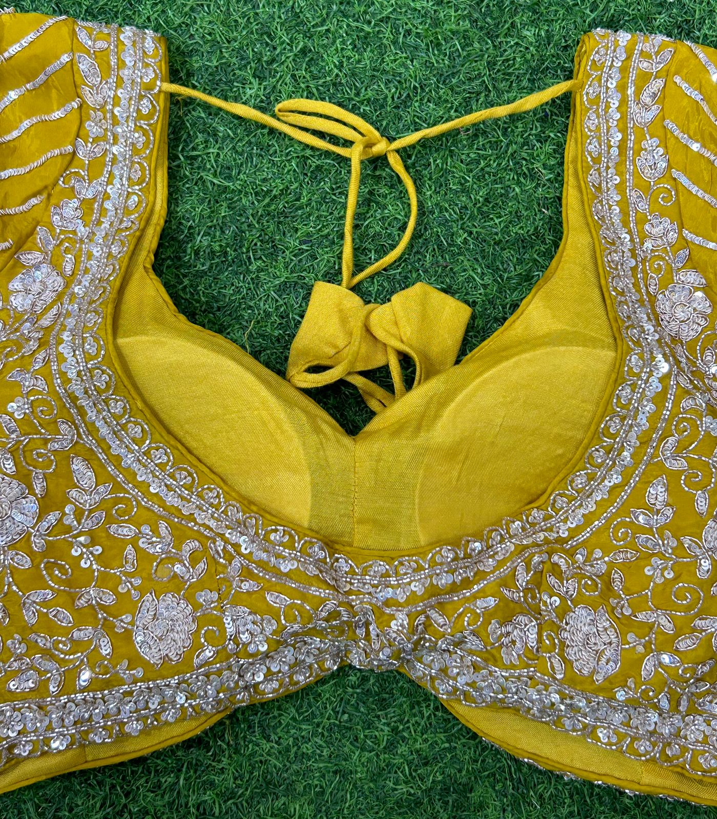 Mustard yellow hand work designer party wear satin silk saree