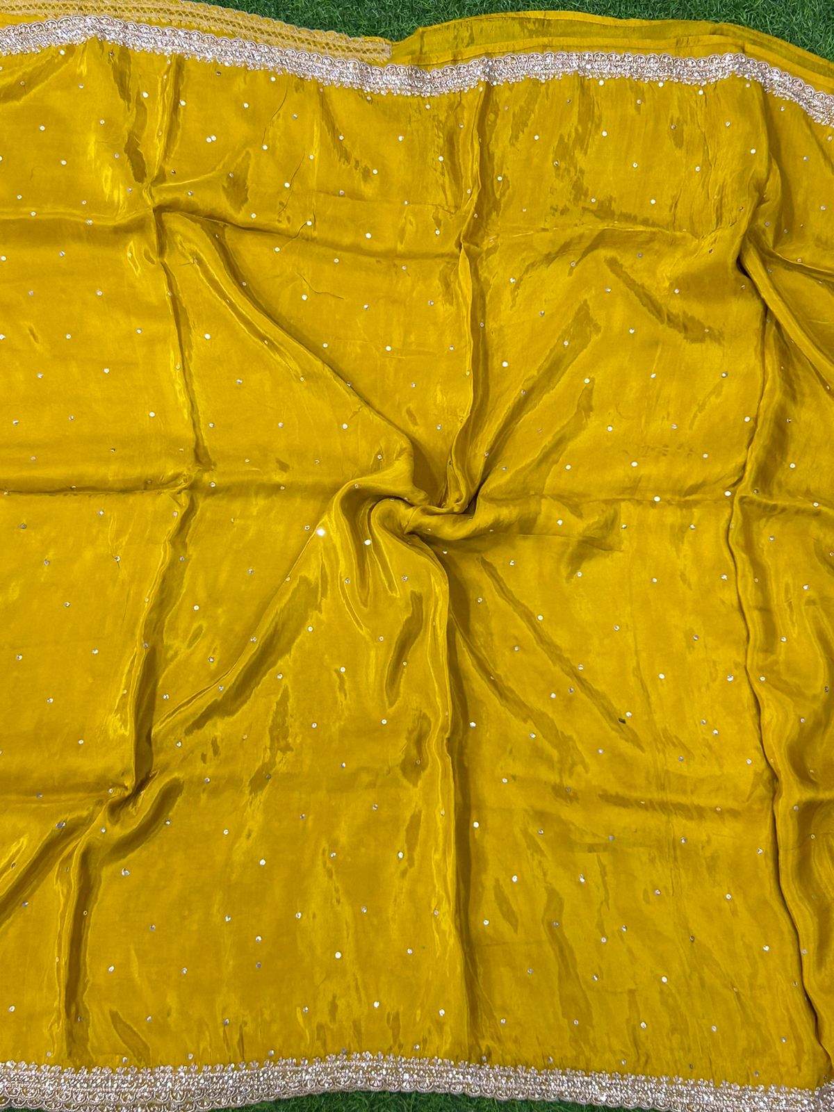Mustard yellow hand work designer party wear satin silk saree
