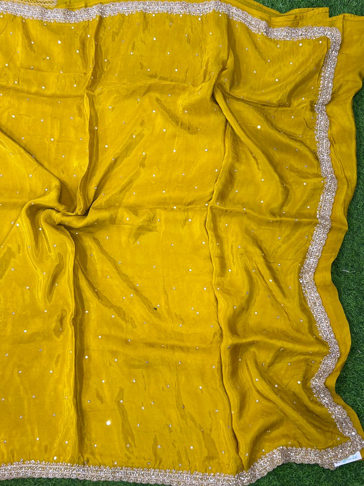 Mustard yellow hand work designer party wear satin silk saree