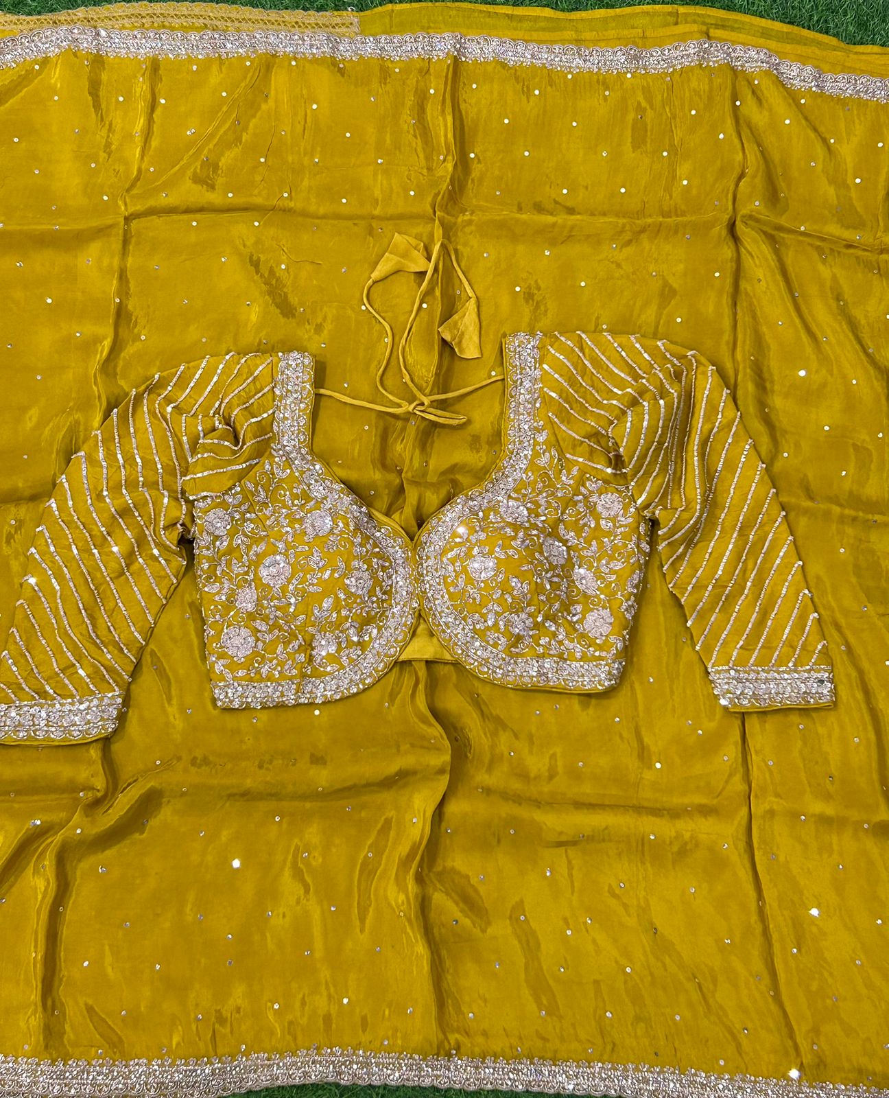 Mustard yellow hand work designer party wear satin silk saree