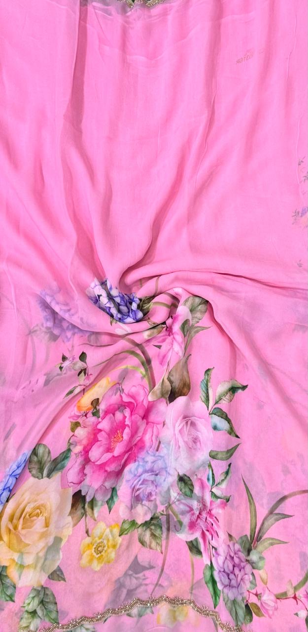 Baby pink pure georgette handwork printed party wear saree