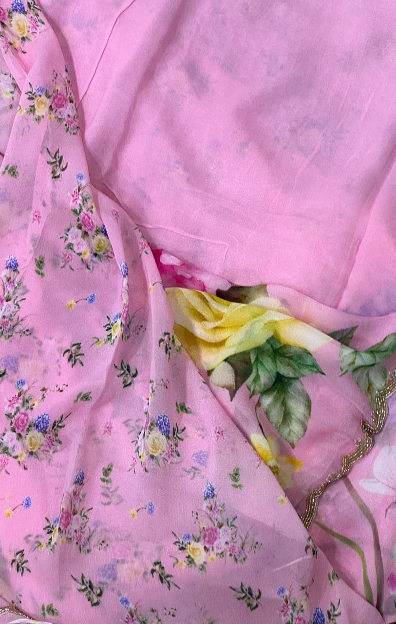 Baby pink pure georgette handwork printed party wear saree
