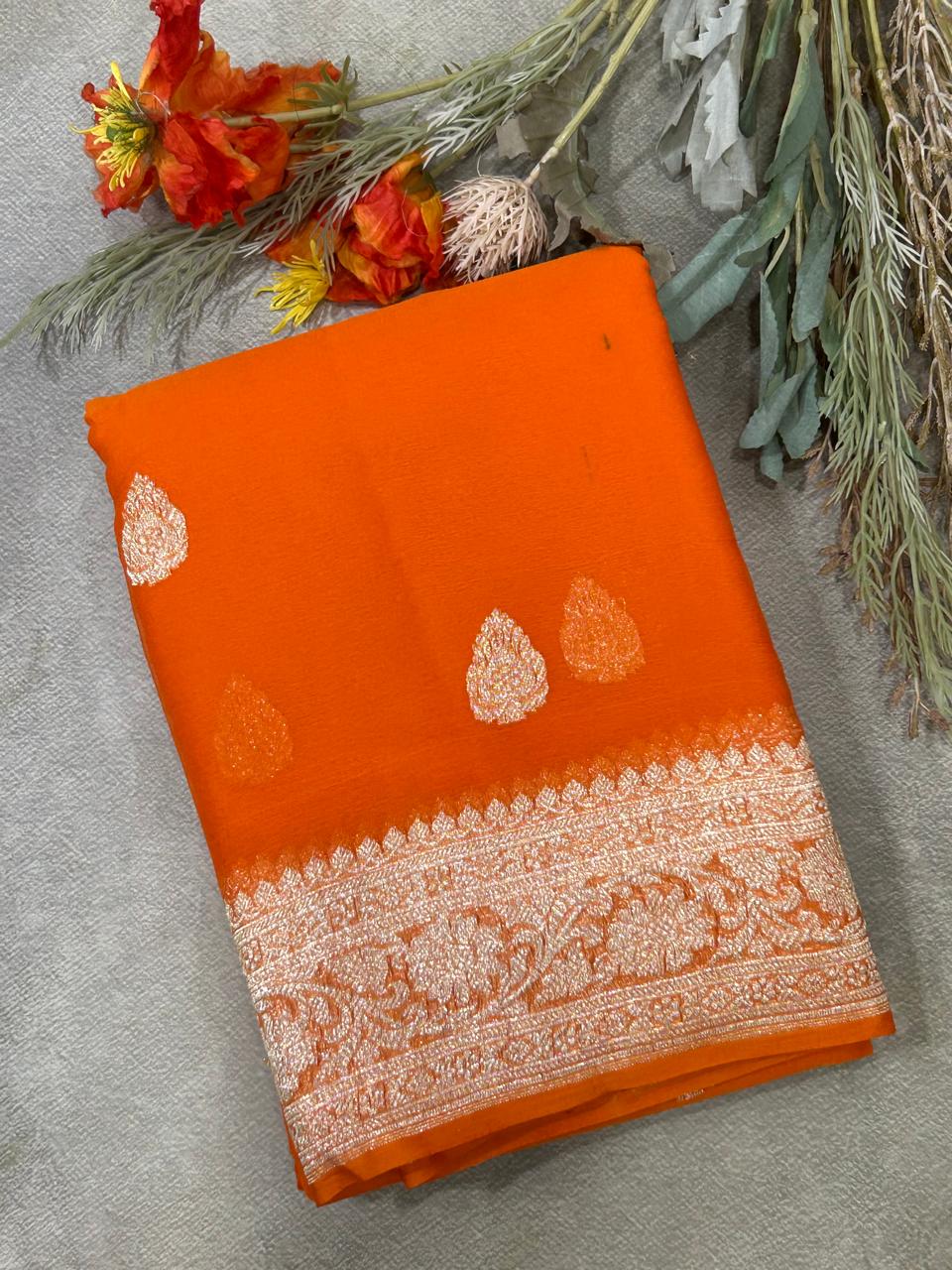 Orange benaras pure khadi chiffon saree