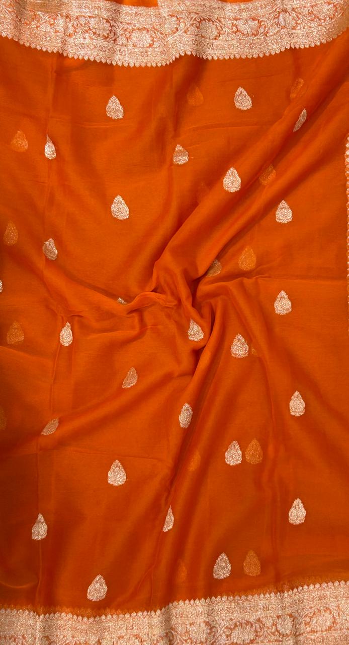 Orange benaras pure khadi chiffon saree