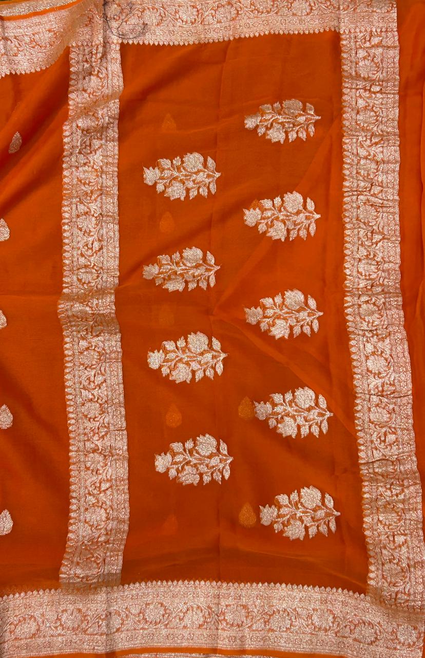 Orange benaras pure khadi chiffon saree