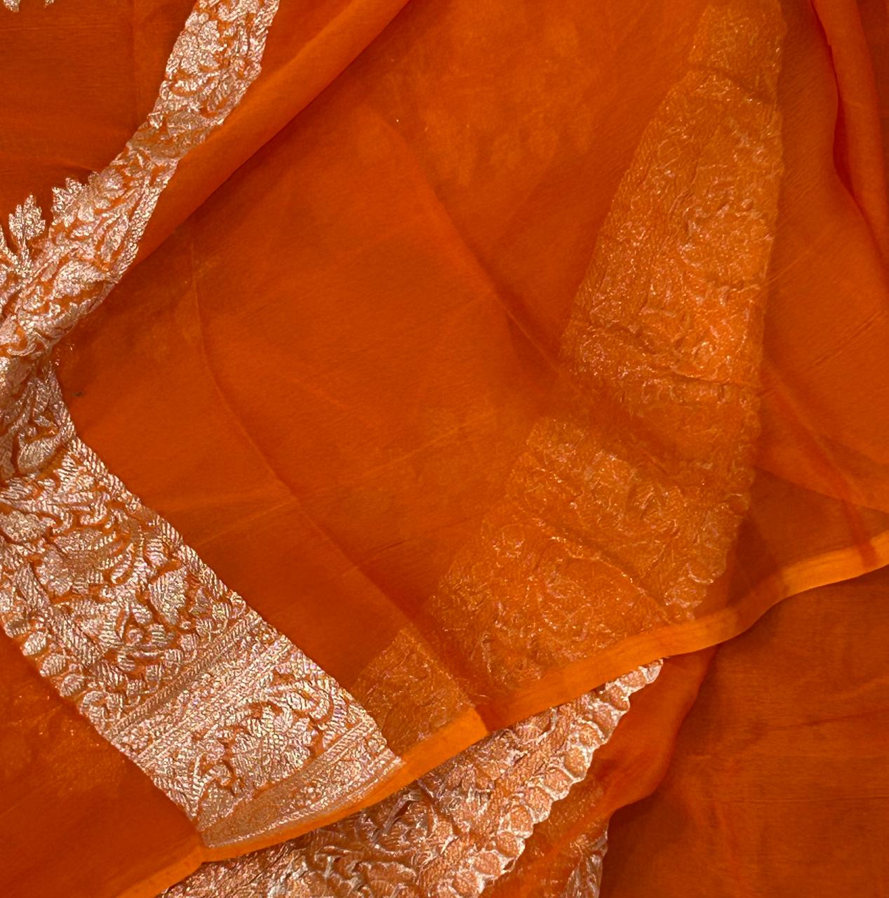 Orange benaras pure khadi chiffon saree