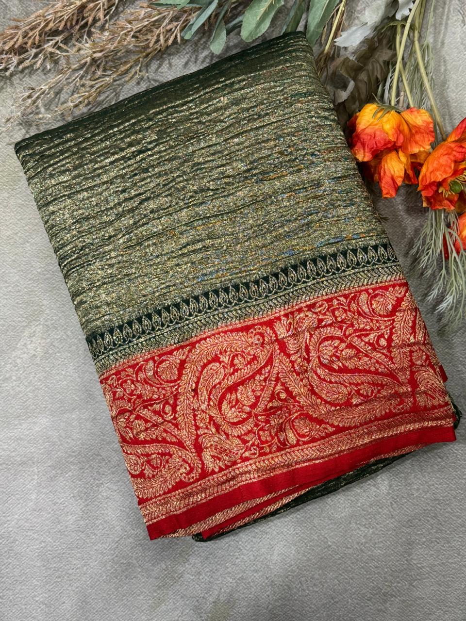 Green n red 07 crush tissue saree