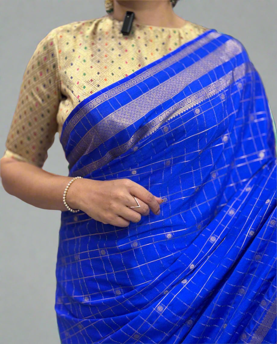 Royal blue Semi Mysore crepe silk saree
