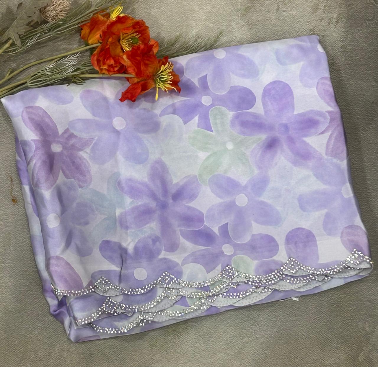 Lavender stone work scallop border satin crepe silk saree