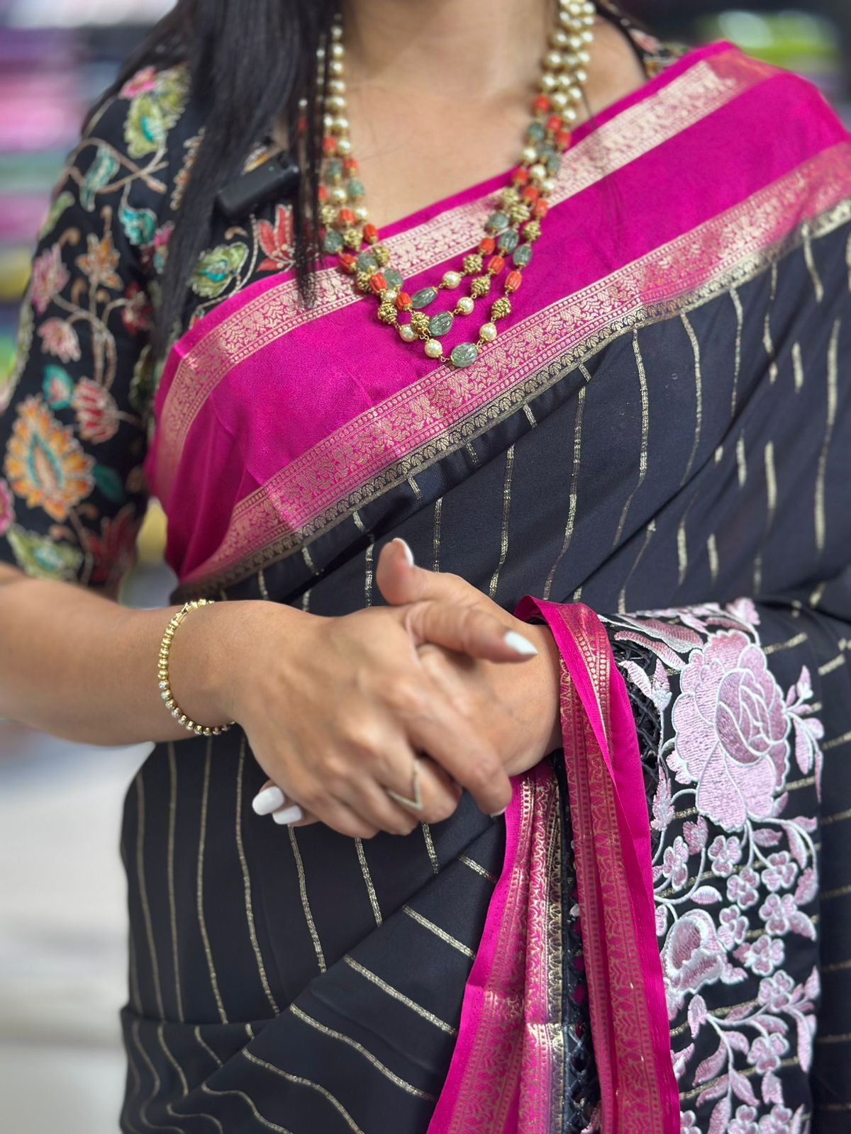 Black n pink cutwork semi mysore crepe silk saree