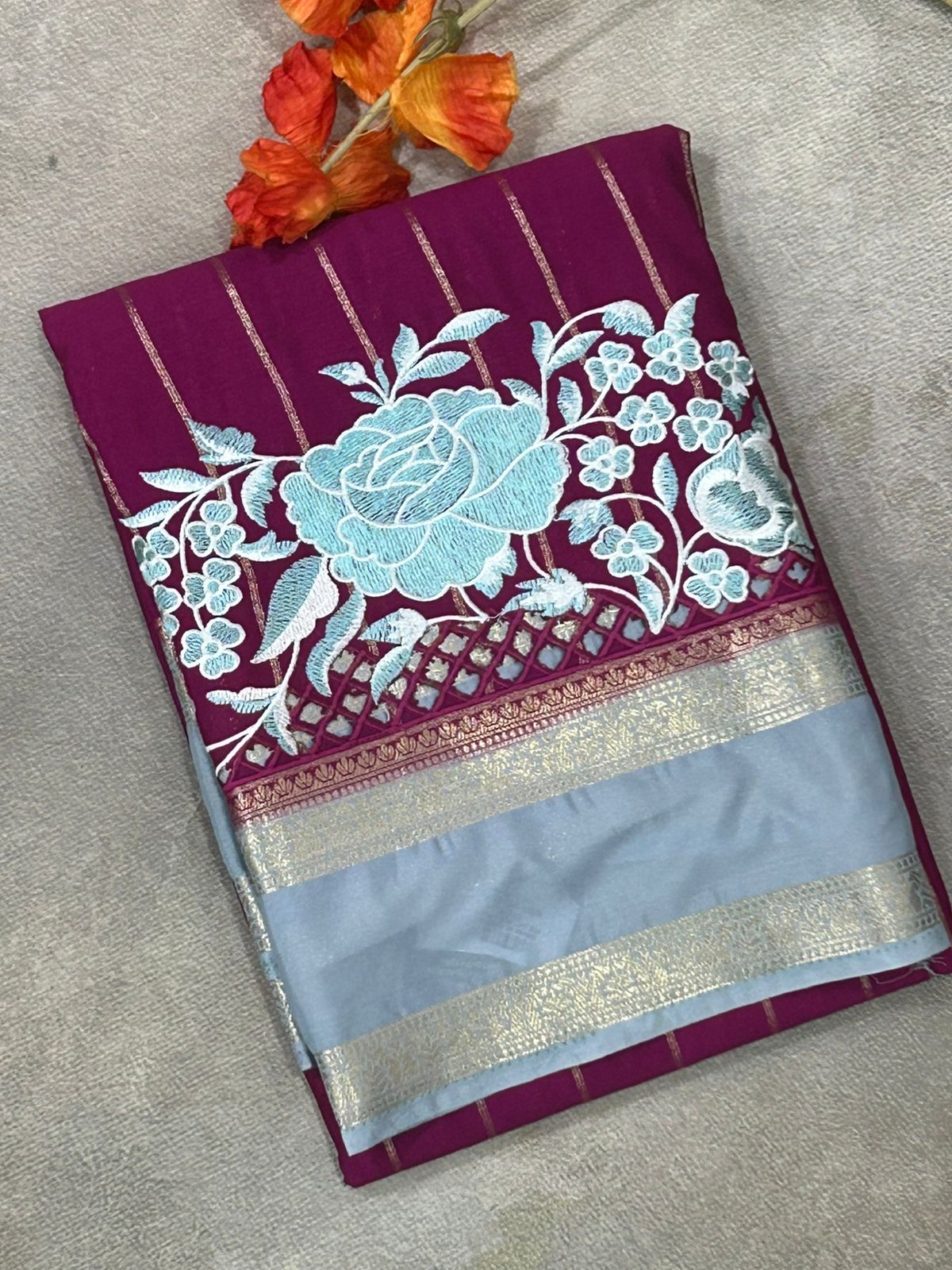 Magenta n grey cutwork semi mysore crepe silk saree