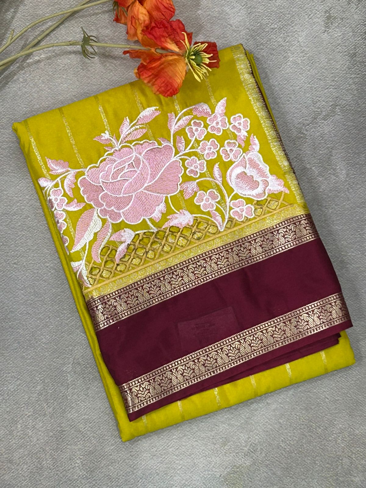 Mustard n maroon cutwork semi mysore crepe silk saree