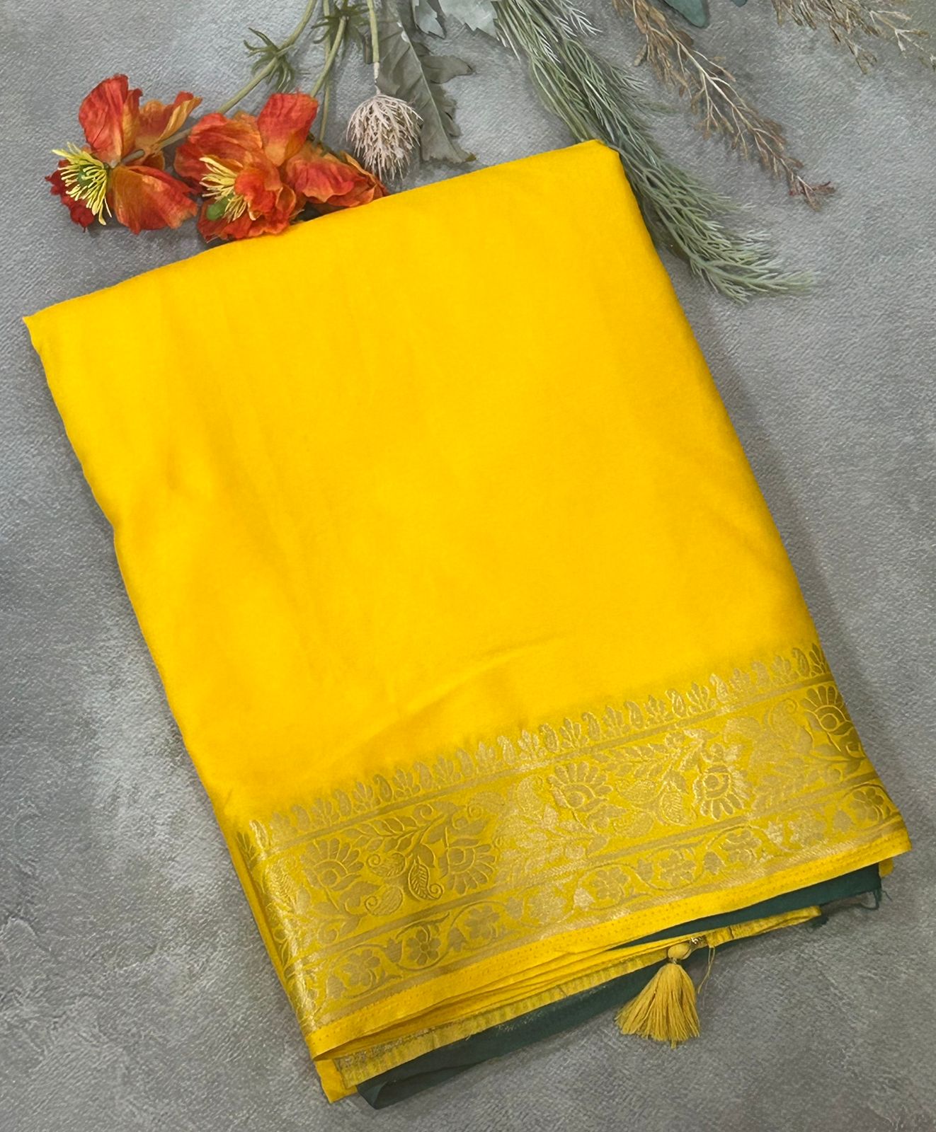 Yellow plain with contrast blouse semi crepe saree