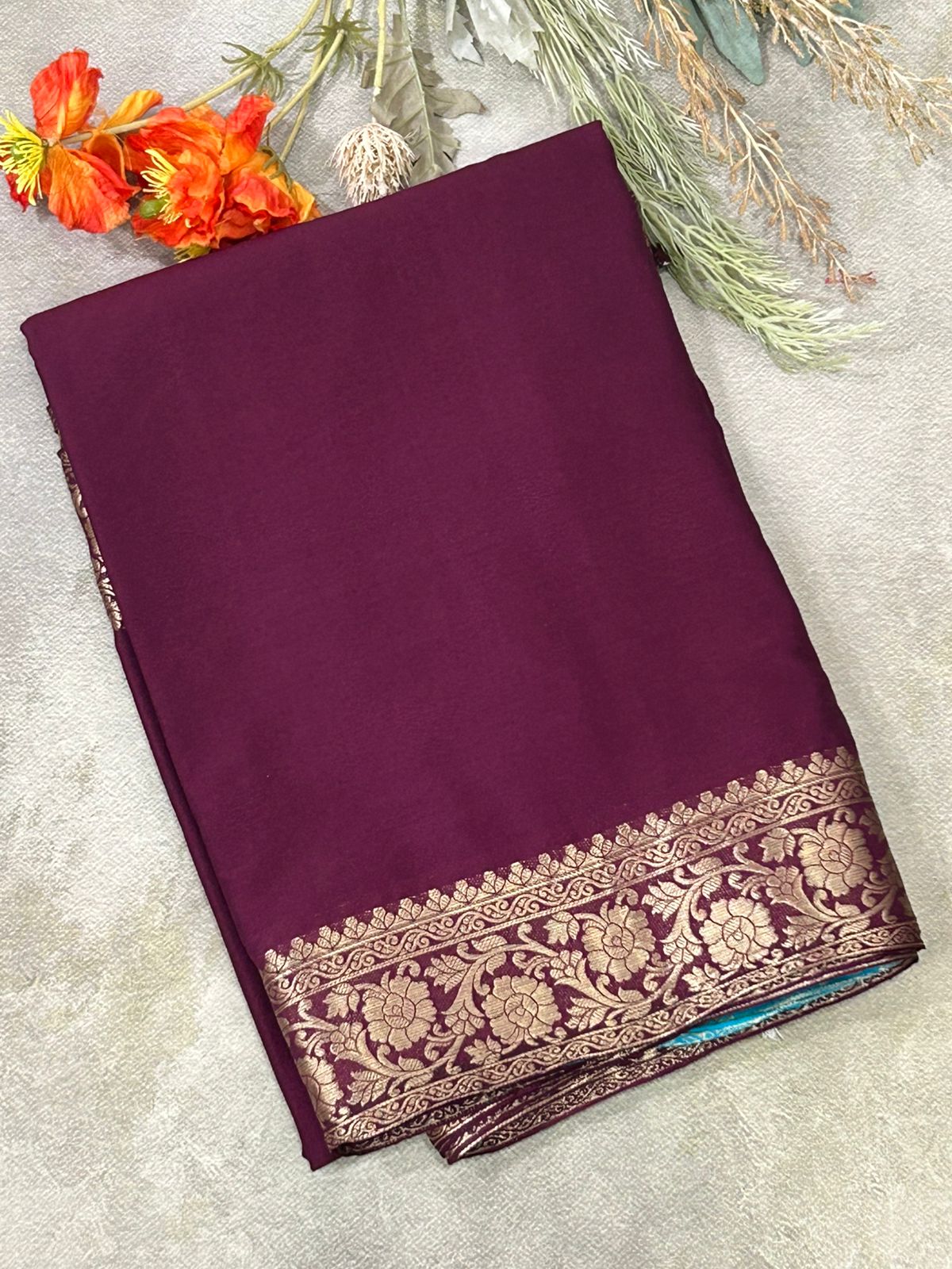 Wine plain with contrast blouse semi crepe saree