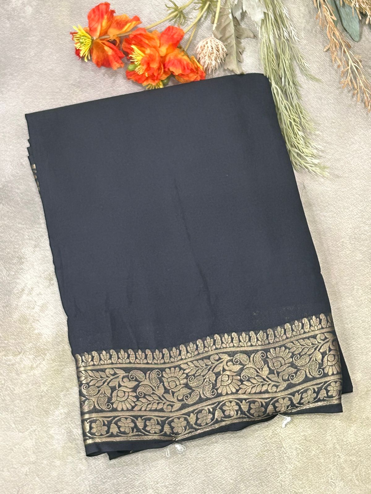 Black 01 plain semi crepe saree with contrast blouse