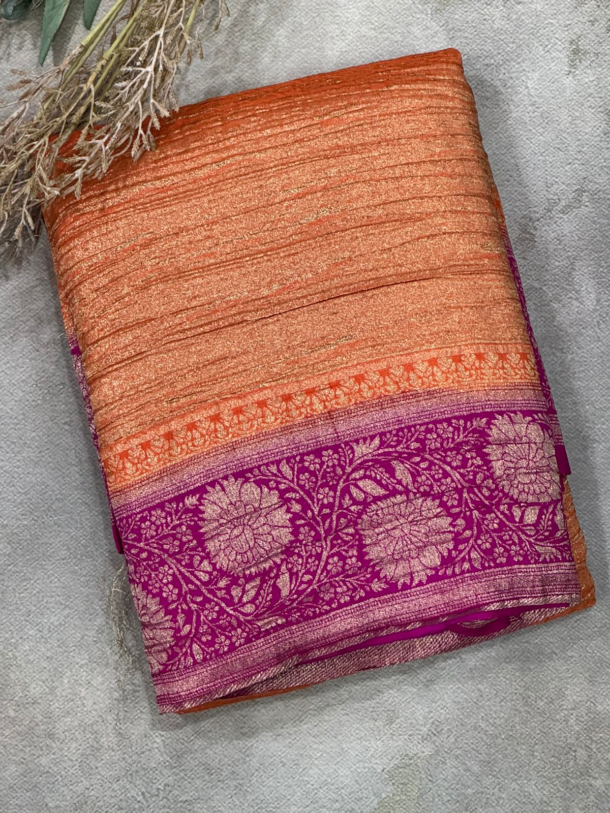 Orange n pink 07 crush tissue saree