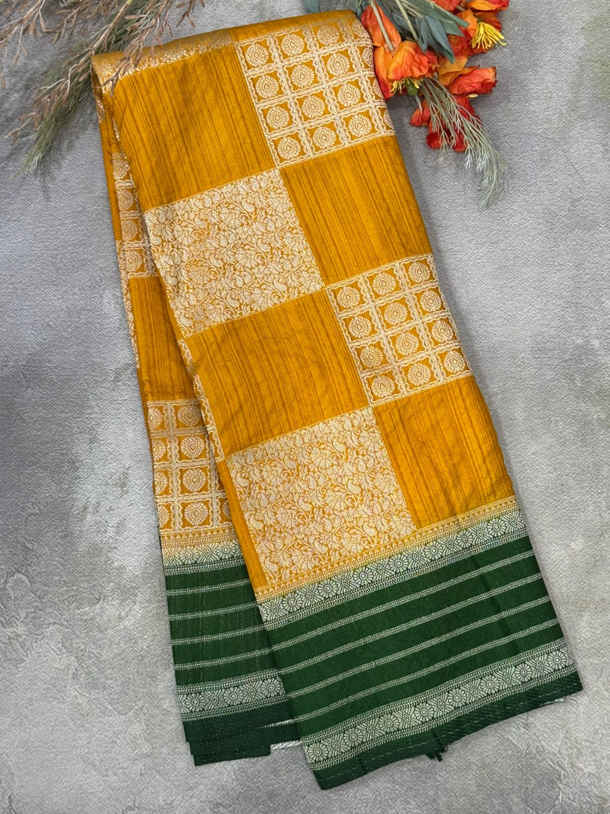 Mustard green boarder soft crepe saree